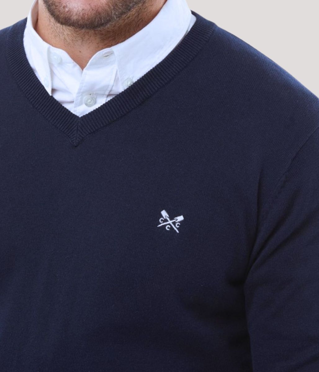 Navy Mens V Neck Logo Jumper