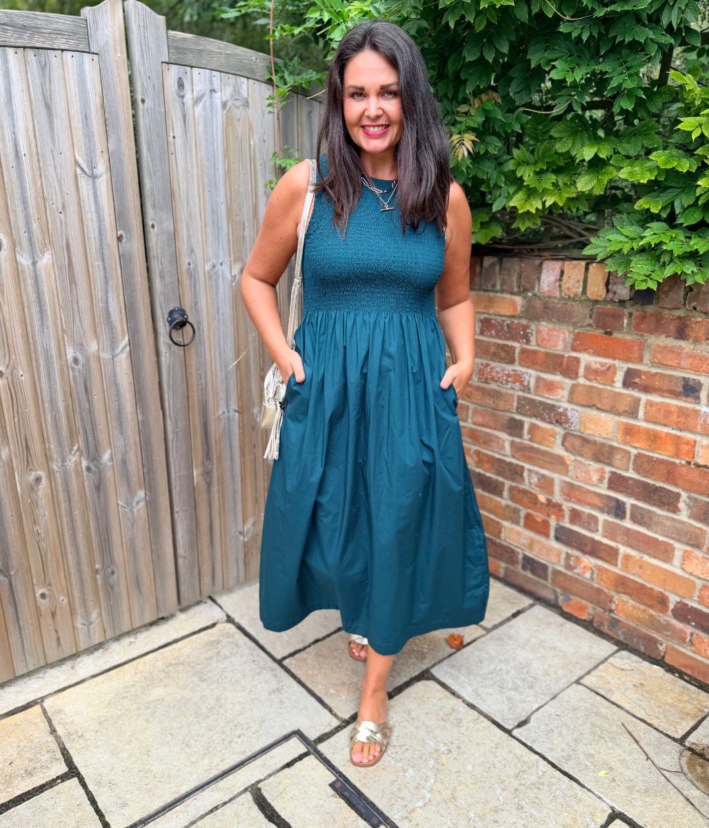 Green Cotton Poplin Shirred Dress
