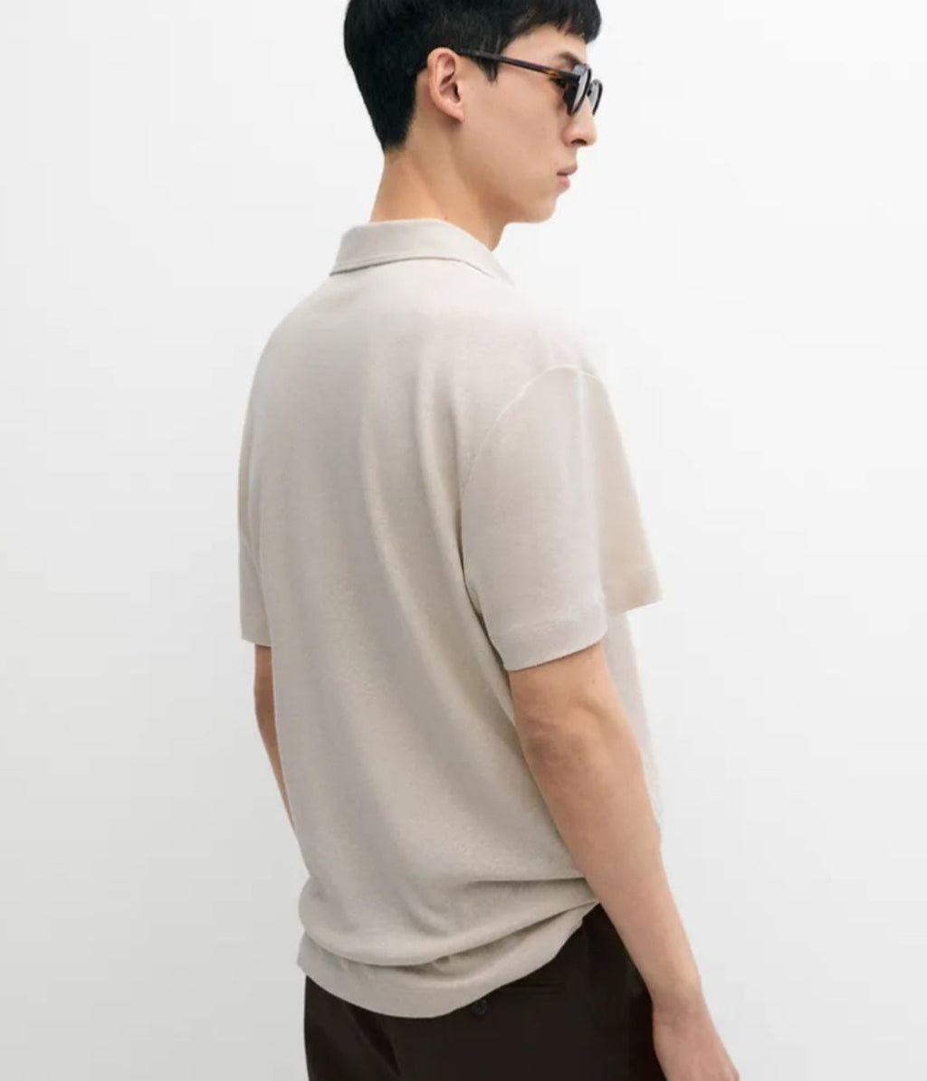 Mens Grey Revere Collar Linen Blend Polo Top