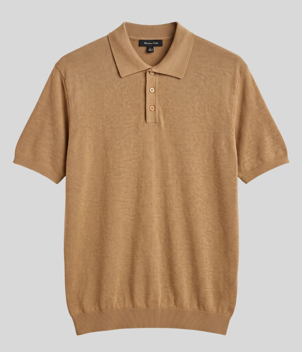 Mens Beige Linen Blend Polo Top