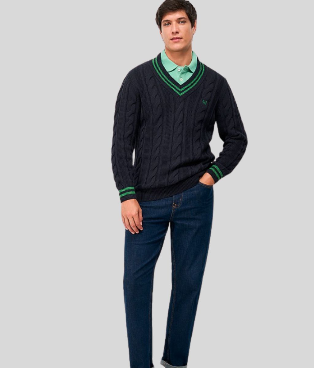 Mens Green V Neck Cricket Jumper