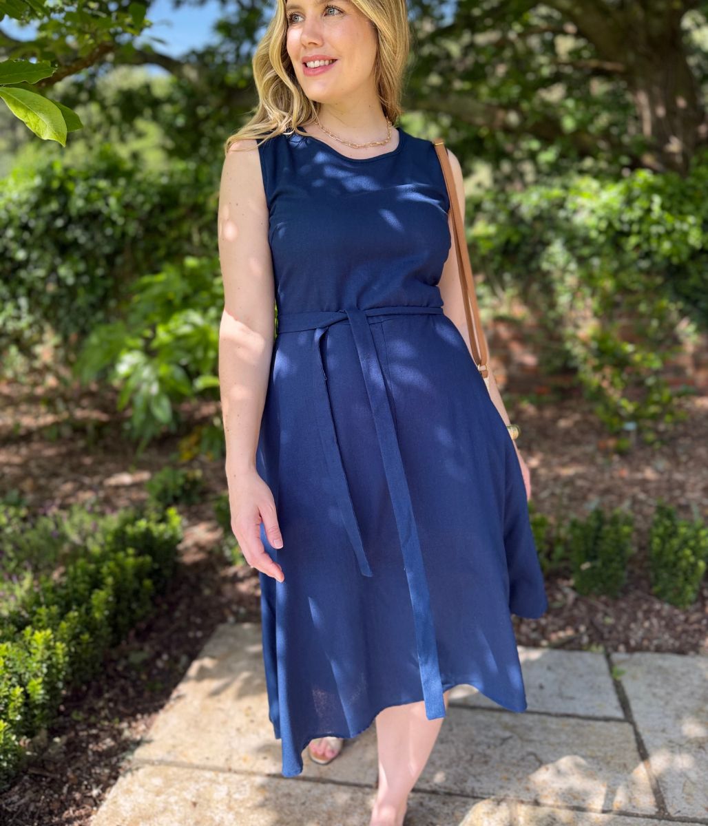 Navy Sleeveless Belted Linen Blend Midi Dress