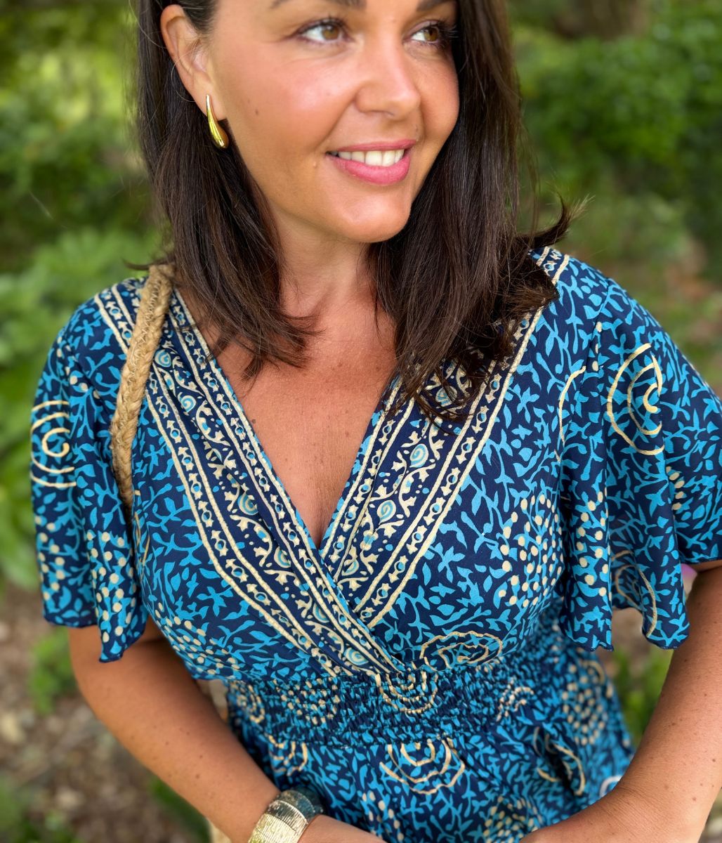 Medina Blue Shirred Waist Midi Dress
