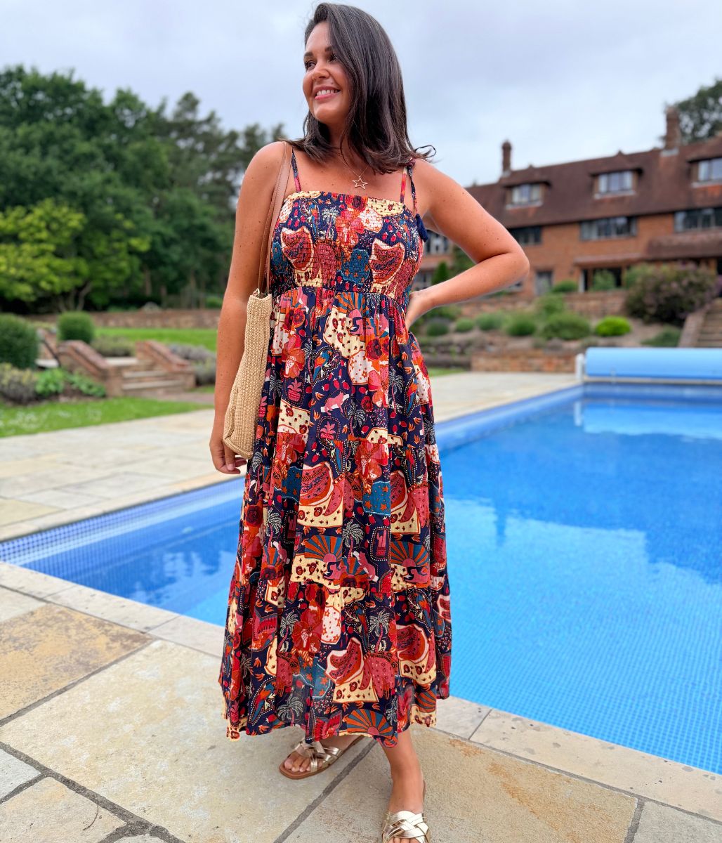 Navy Malta Shirred Midi Dress