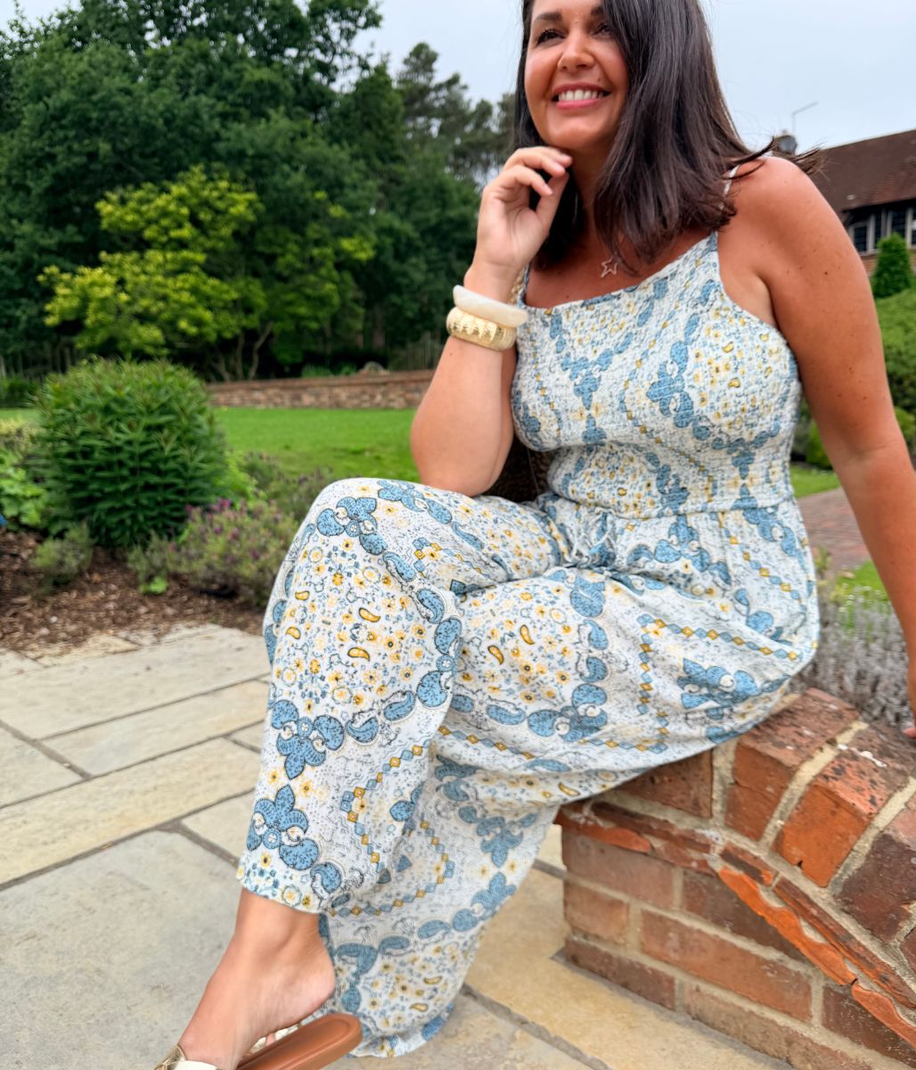 Tangier Blue Shirred Jumpsuit