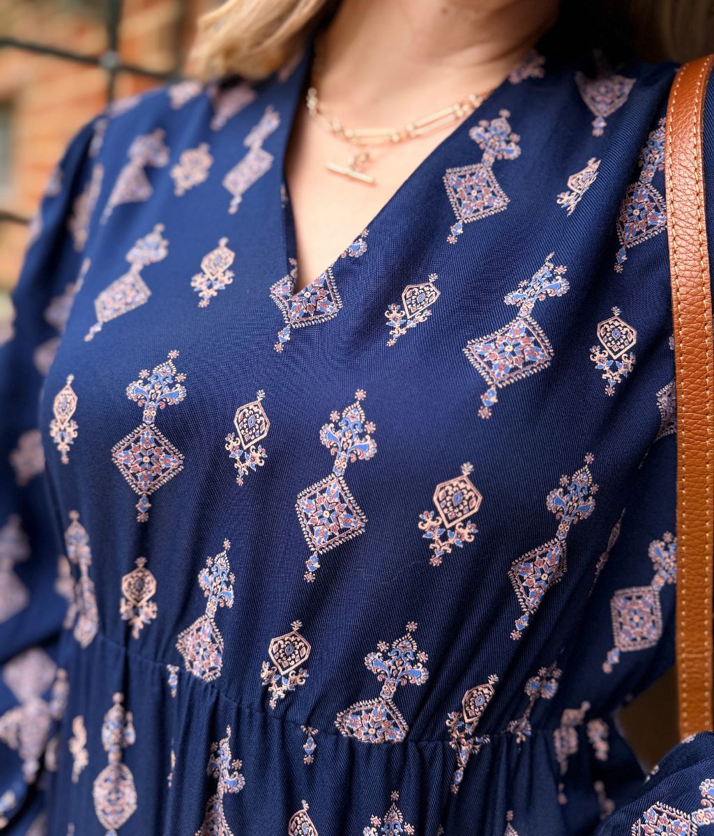 Navy Designer Block Print Midi Dress