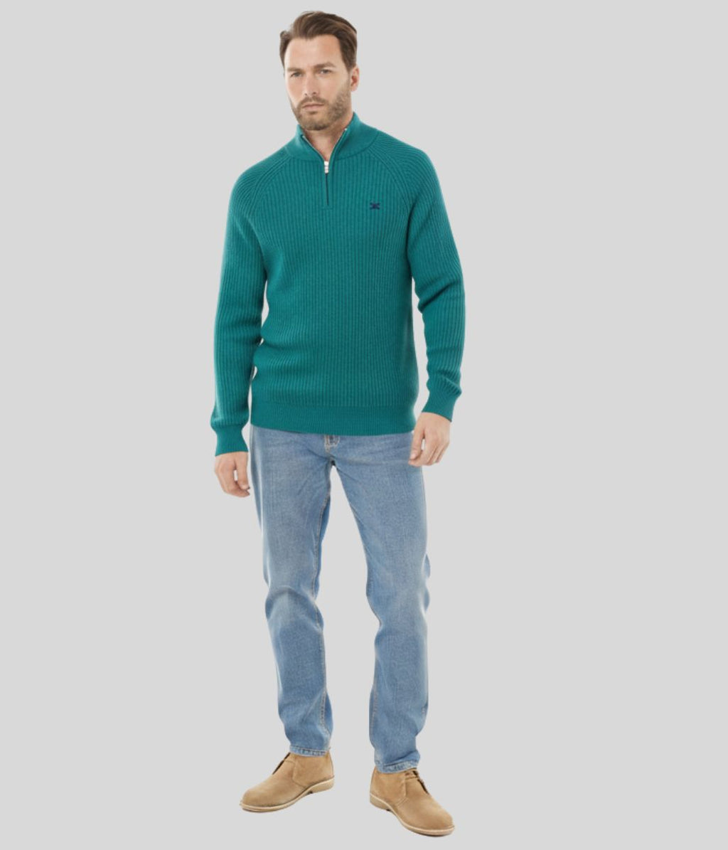 Mens Green Ribbed Fisherman 1/4 Zip Jumper