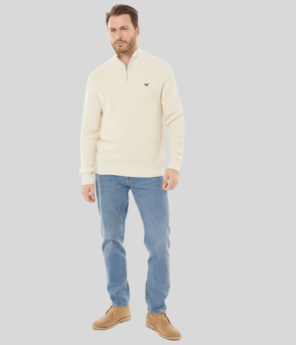 Mens Oatmeal Ribbed Fisherman 1/4 Zip Jumper