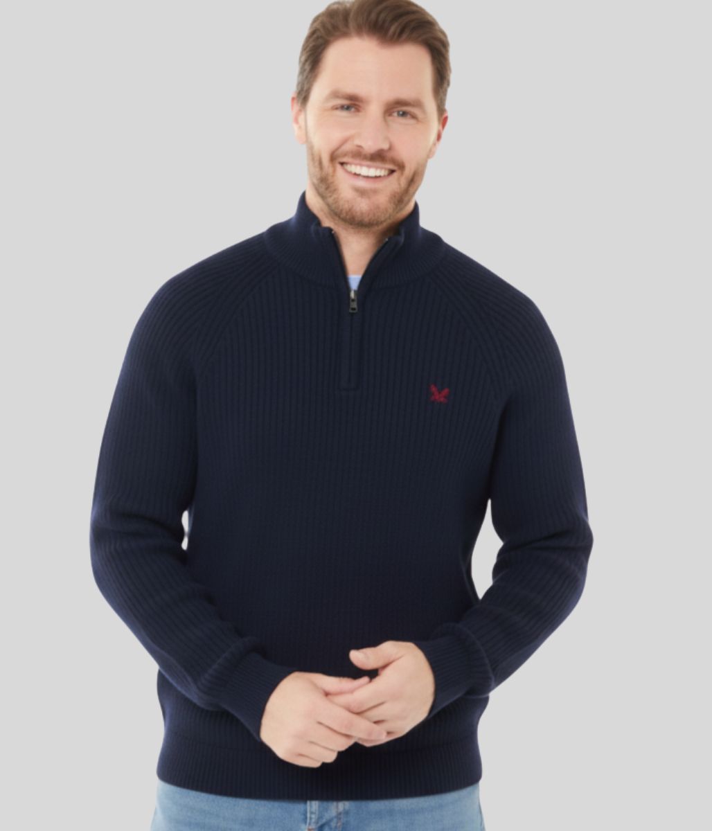 Mens Navy Ribbed Fisherman 1/4 Zip Jumper