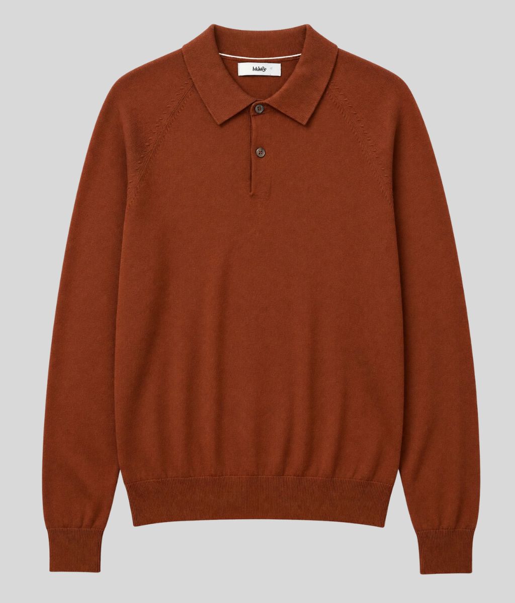 Mens Redwood Cotton Rich Long Sleeve Knitted Polo Top
