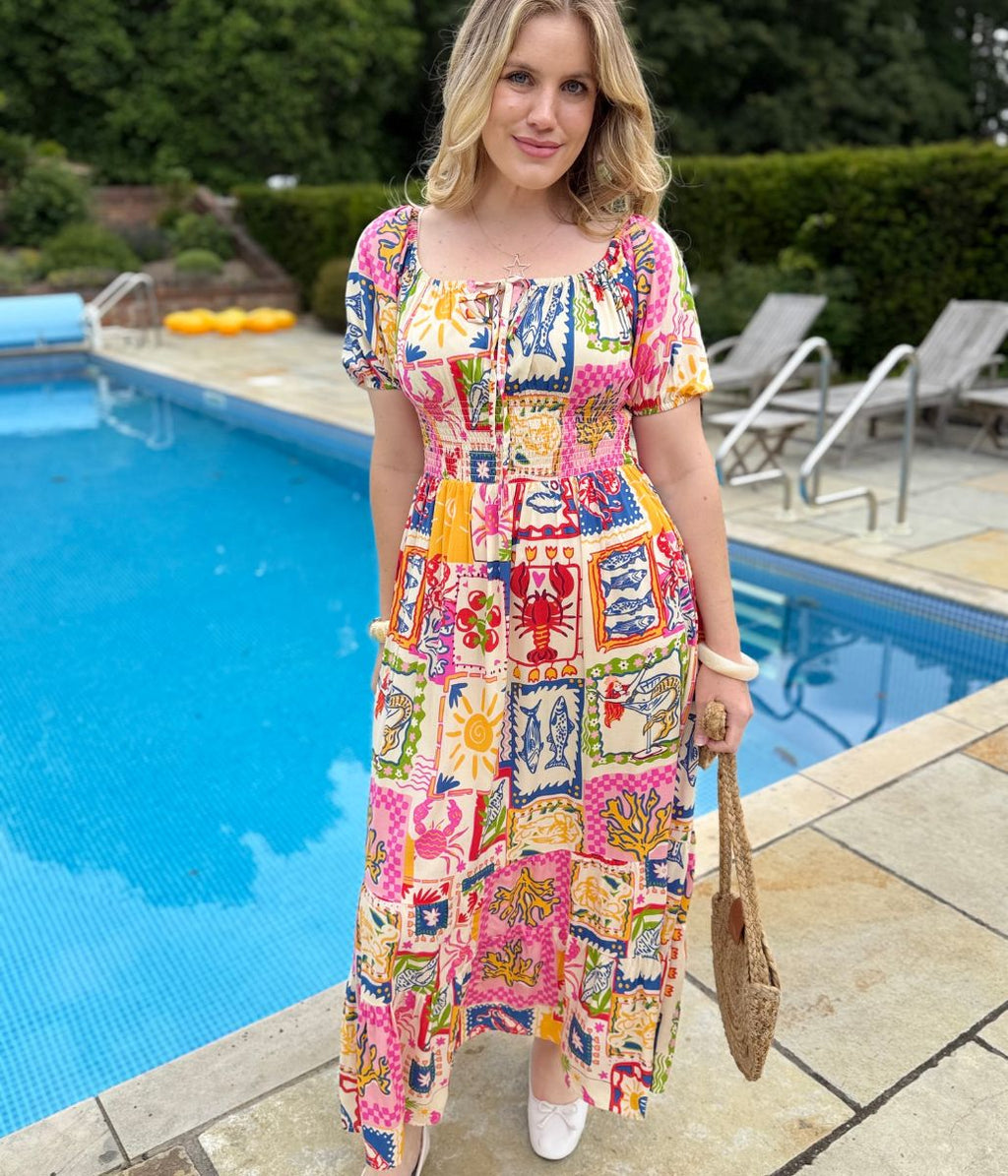 Postcard Print Shirred Midi Dress