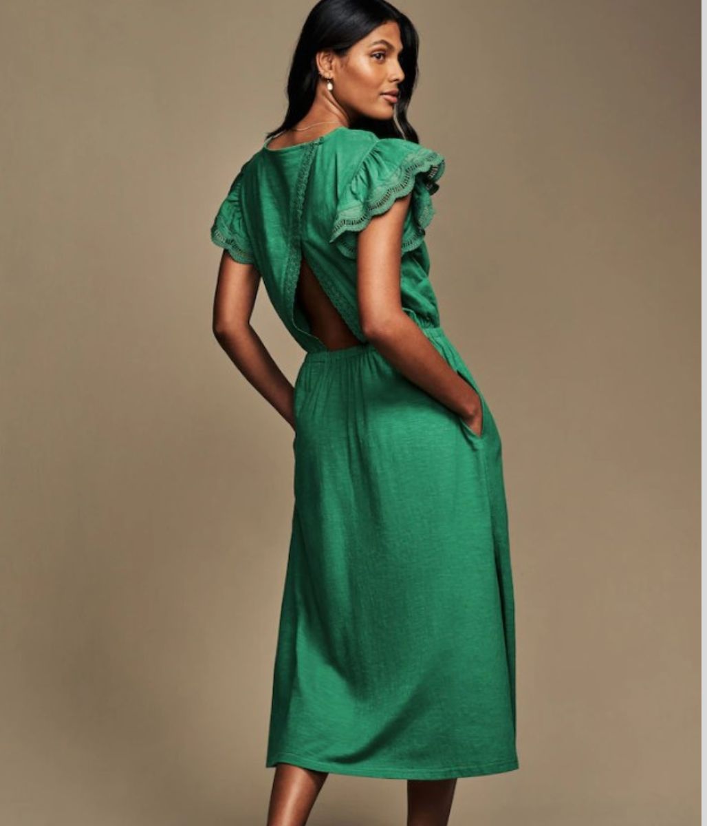 Green Broderie Frill Sleeve Cotton Jersey Dress