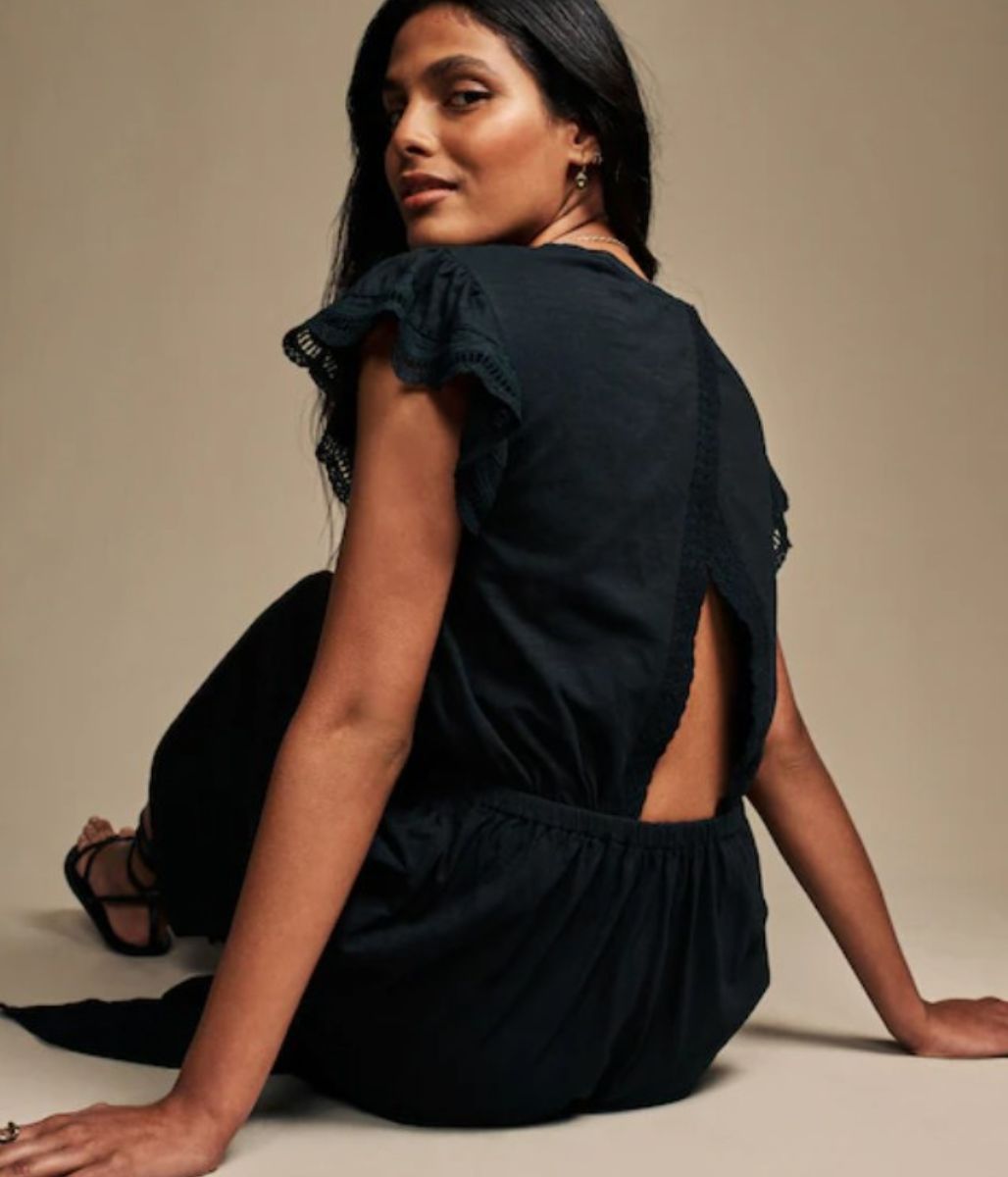 Black Broderie Frill Sleeve Cotton Jersey Dress