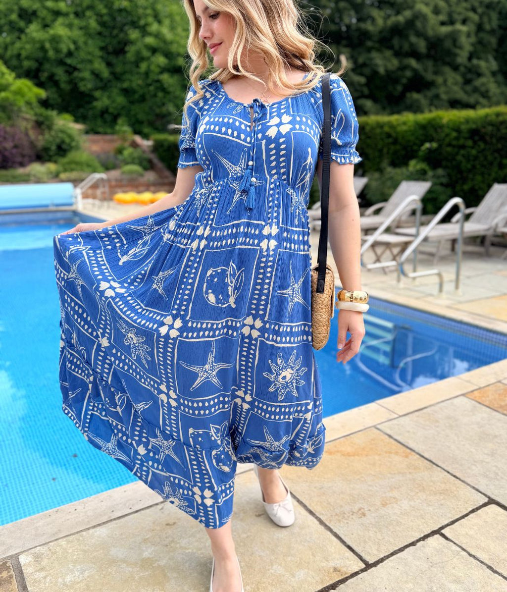 Blue Starfish Print Maxi Dress