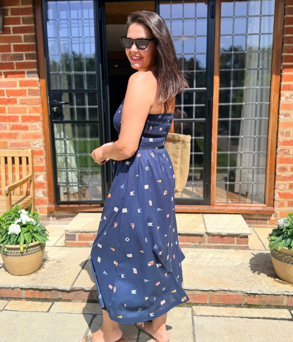 Navy Nautical Print Dipped Waist Smocked Midi Dress