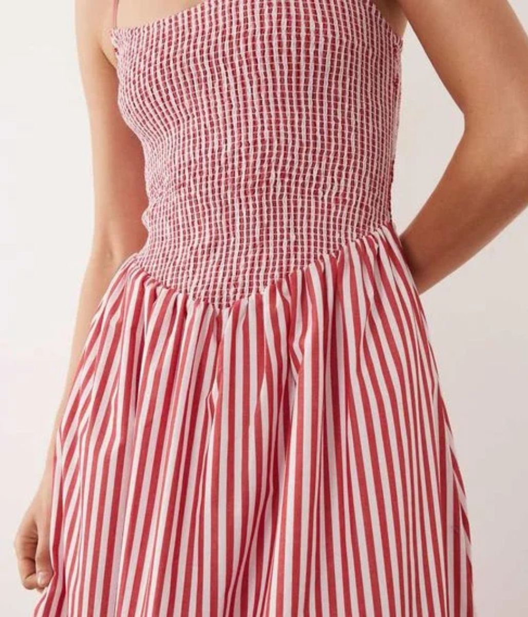 Red Striped Dipped Waist Smocked Midi Dress