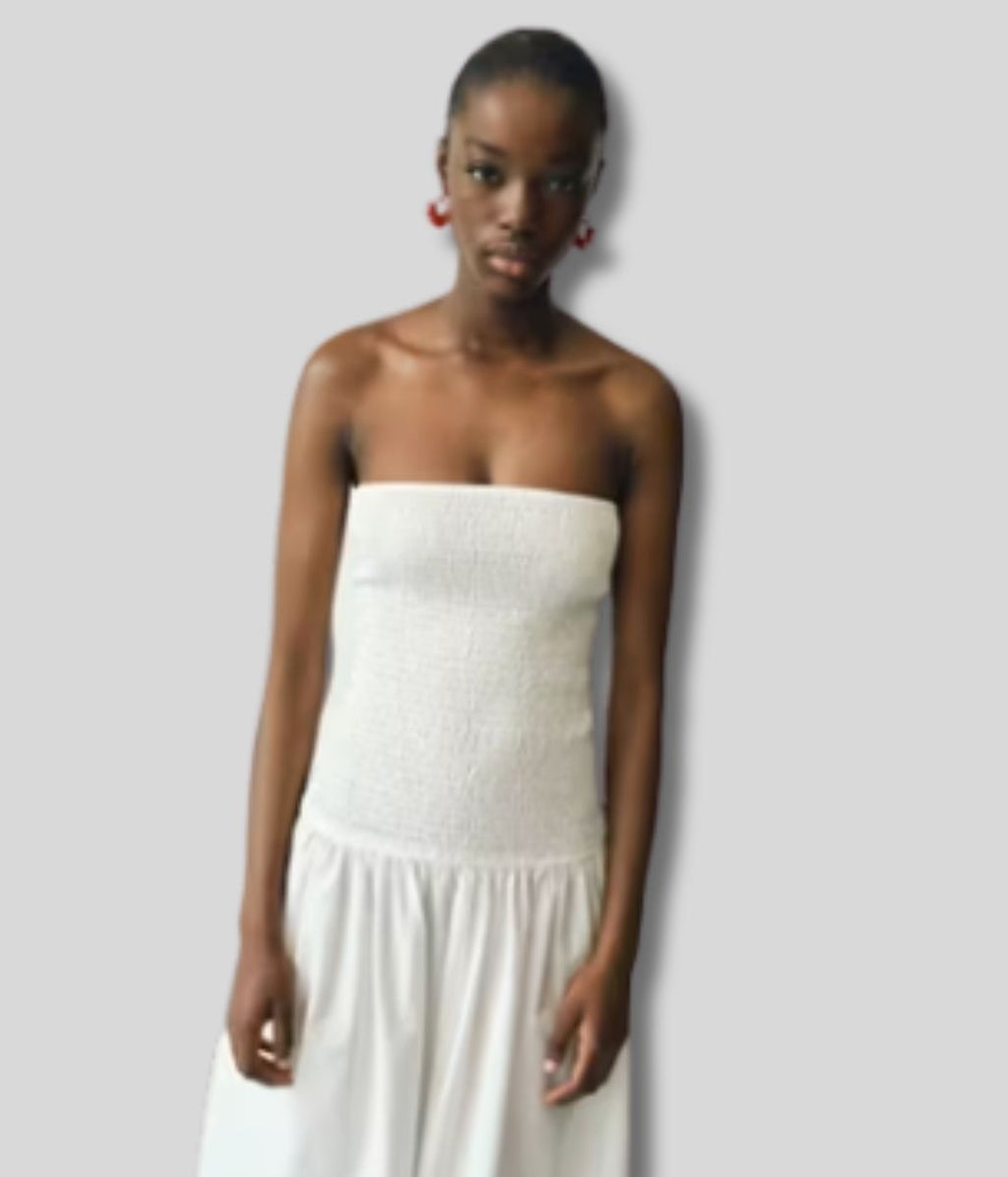 White Strapless Shirred Maxi Dress