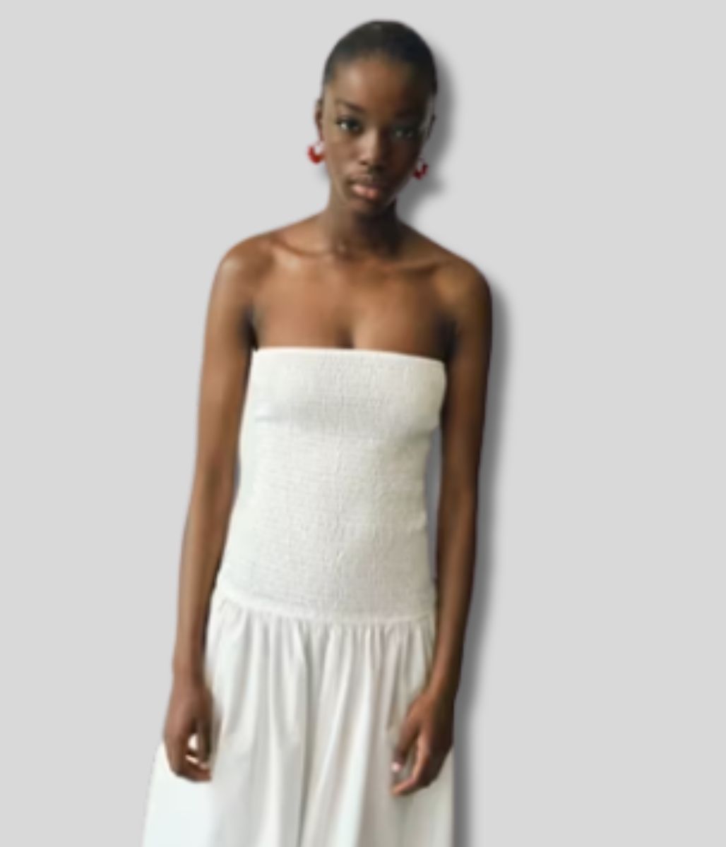 White Strapless Shirred Maxi Dress
