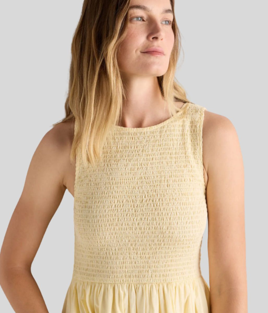 Yellow Cotton Poplin Shirred Dress