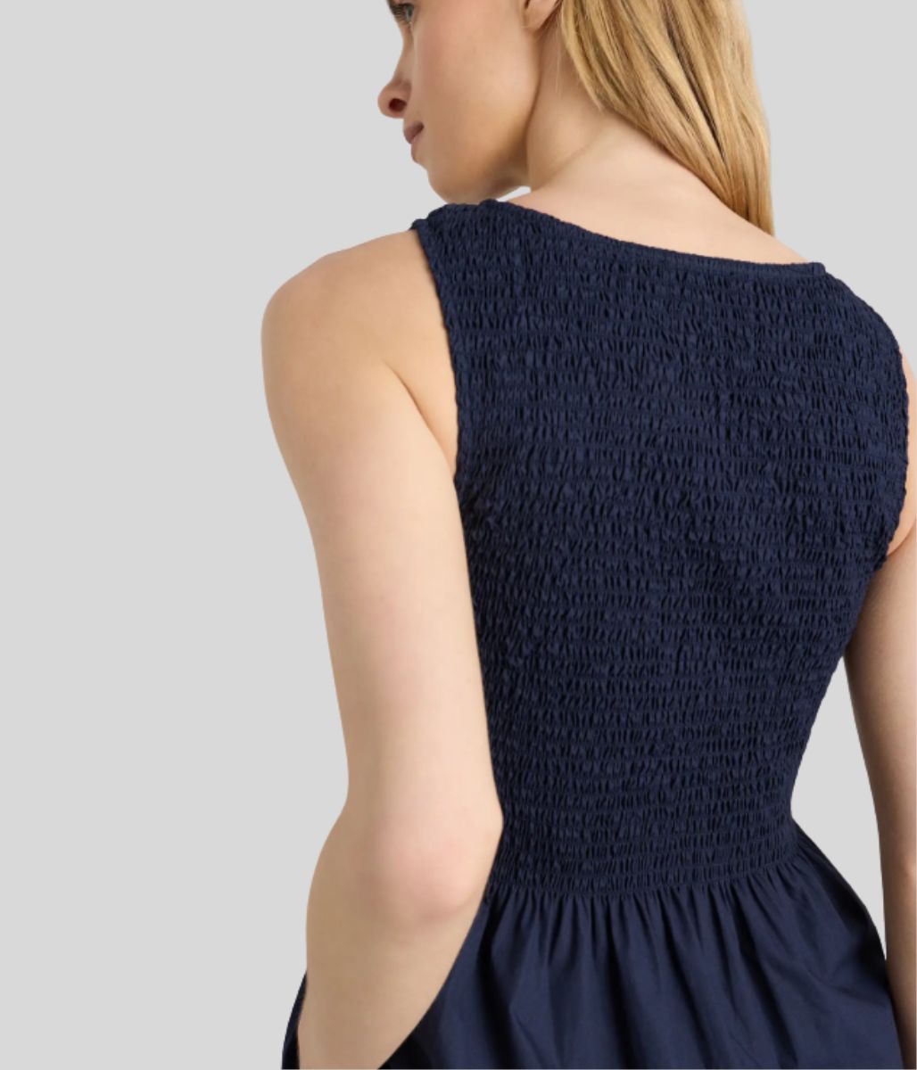Navy Cotton Poplin Shirred Dress