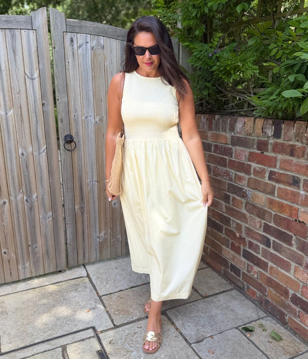 Yellow Cotton Poplin Shirred Dress