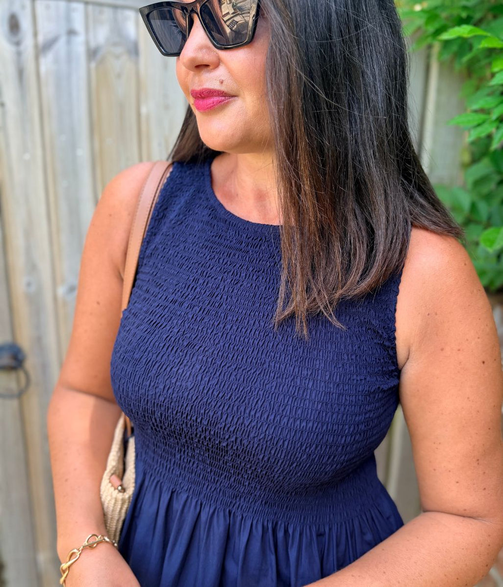 Navy Cotton Poplin Shirred Dress