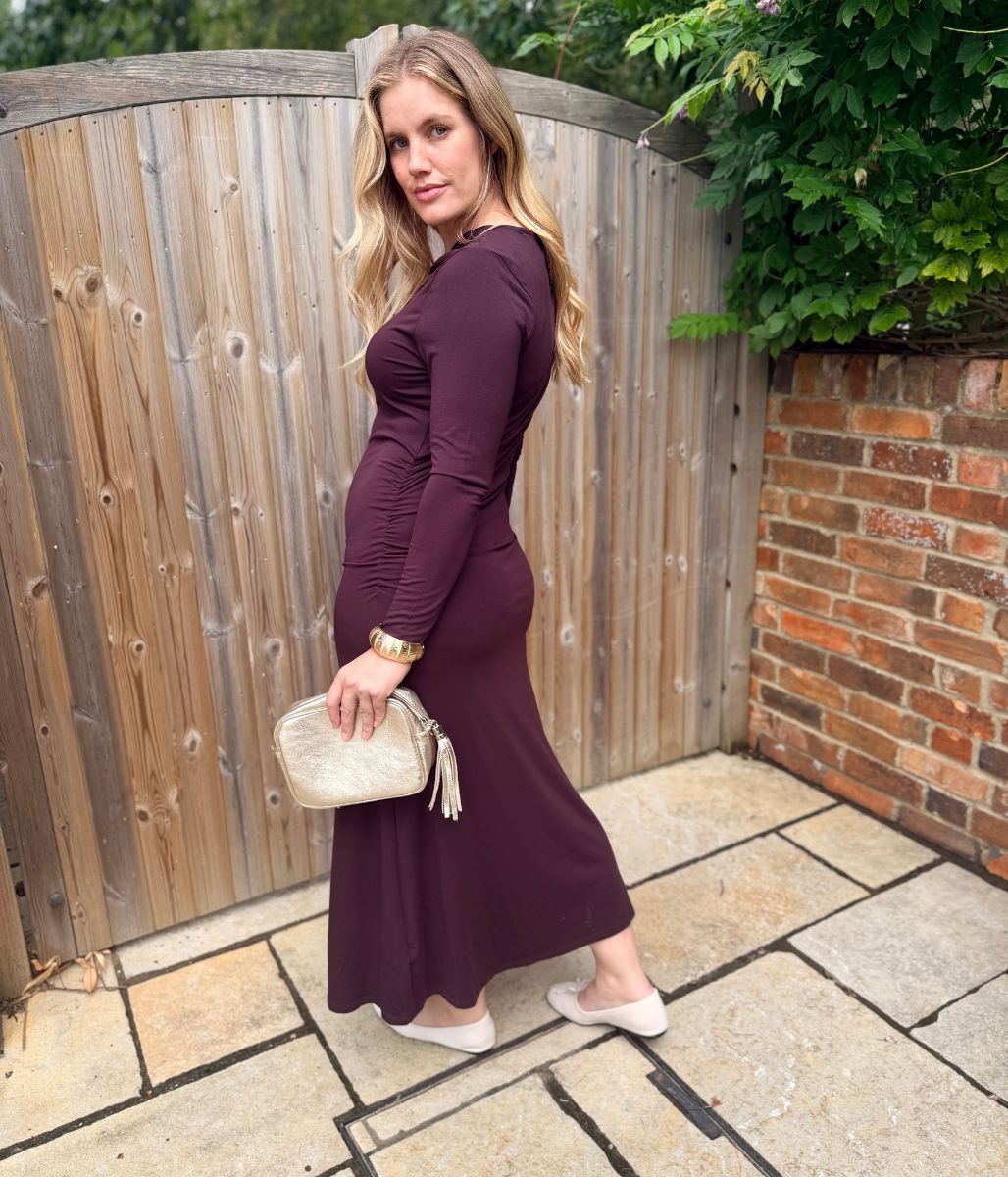 Burgundy Fitted Twist Neck Dress