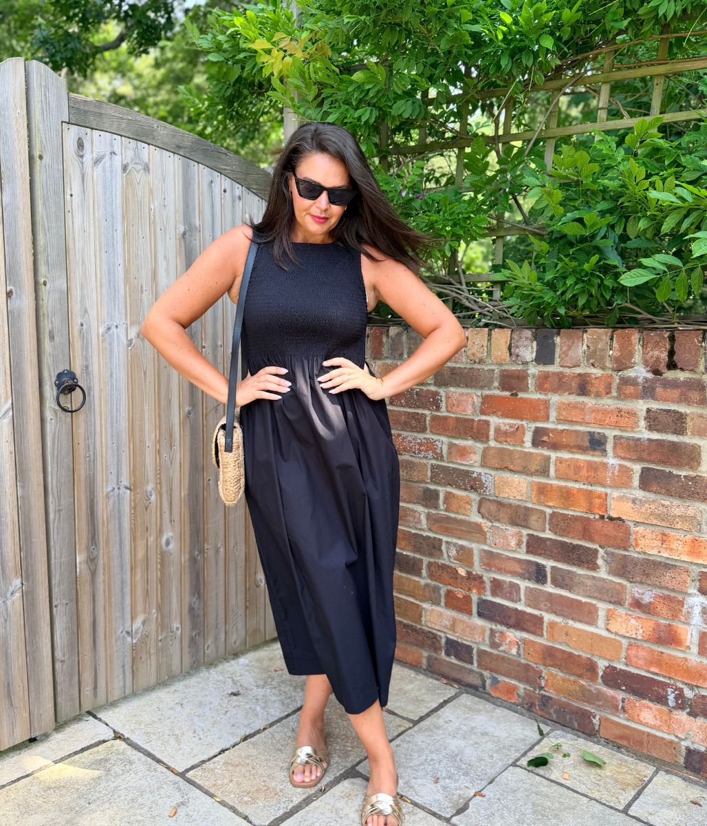 Black Cotton Poplin Shirred Dress