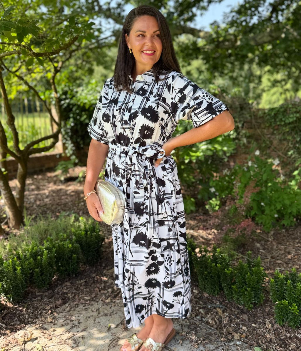 Black Floral Midi Shirt Dress
