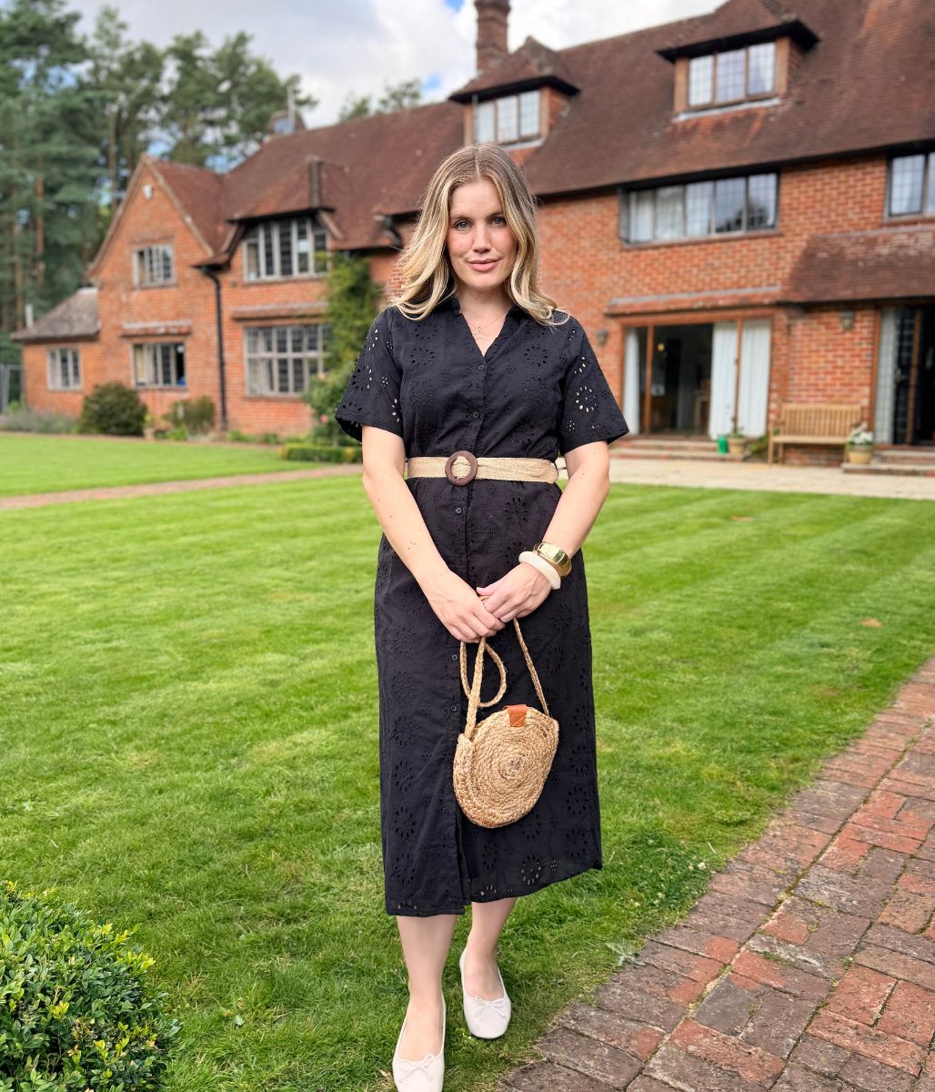 Black Belted Broderie Anglaise Shirt Dress