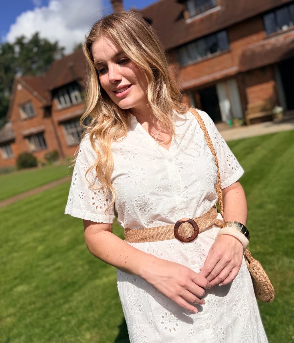 White Belted Broderie Anglaise Shirt Dress