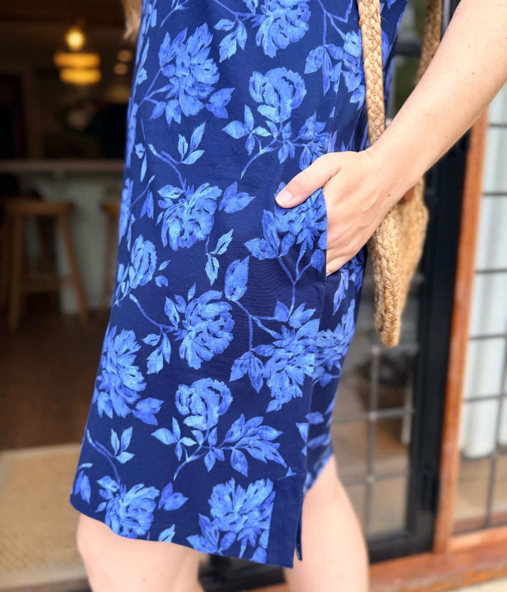 Navy Floral Jersey Notch Neck Dress