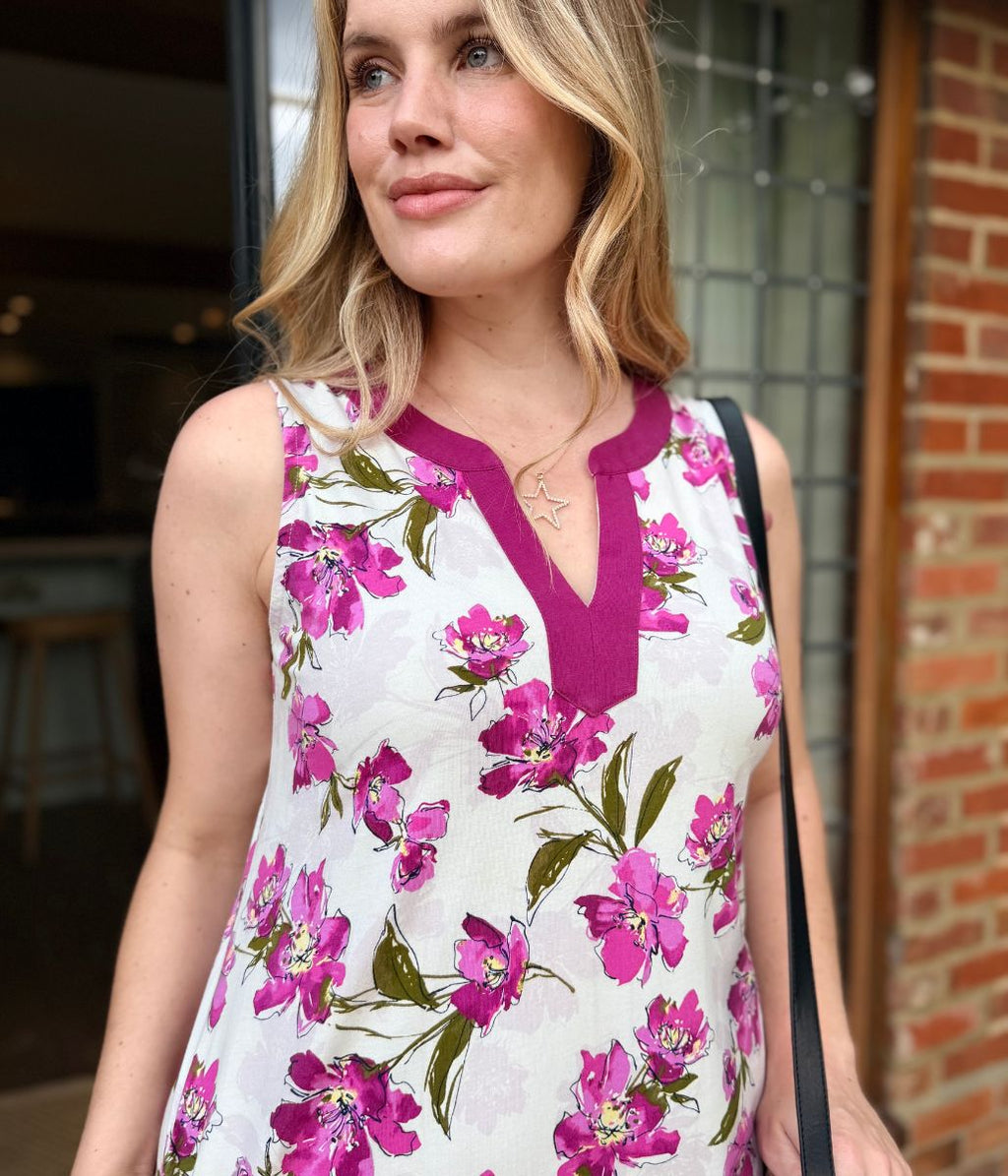 Purple Floral Jersey Notch Neck Dress