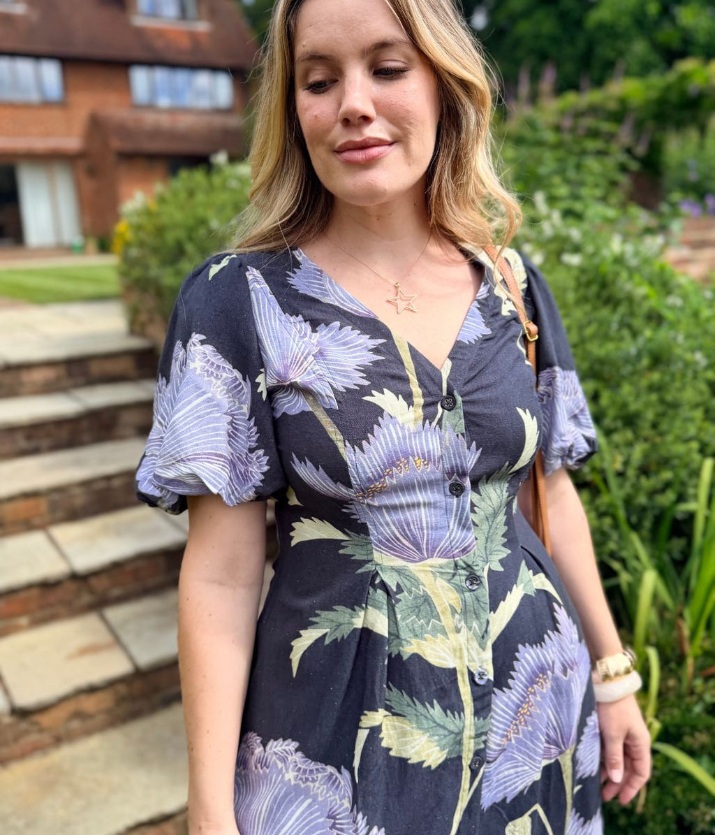 Navy Linen Blend Kew Gardens Midi Dress