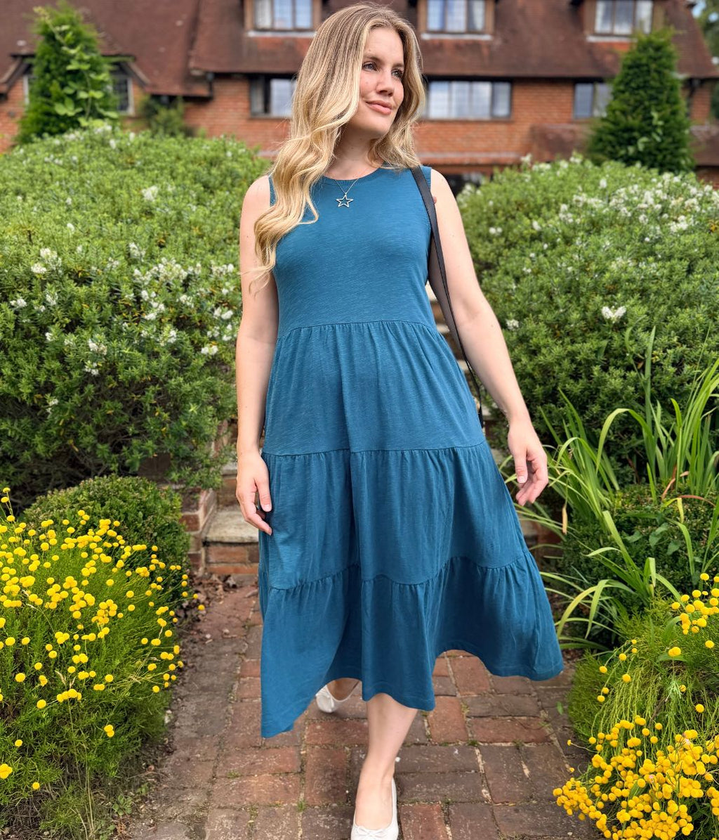 Teal Sleeveless Cotton Slub Jersey Tiered Midi Dress