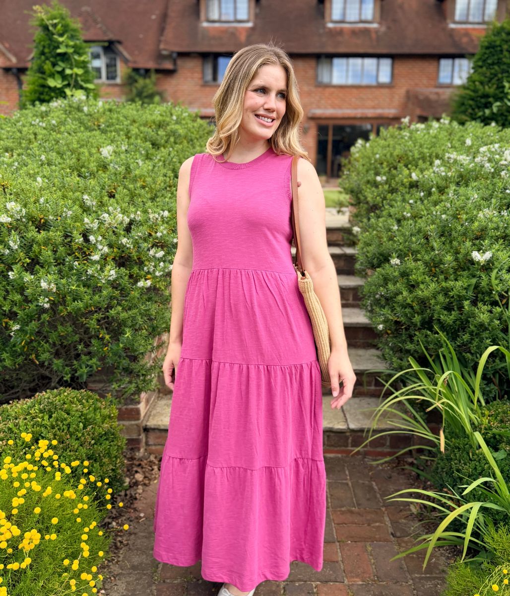 Pink Sleeveless Cotton Slub Jersey Tiered Midi Dress
