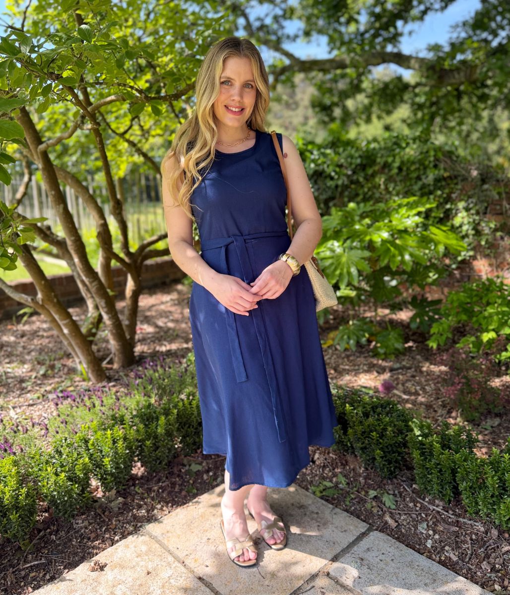 Navy Sleeveless Belted Linen Blend Midi Dress