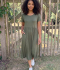 Khaki Stretch Tiered Midi Dress