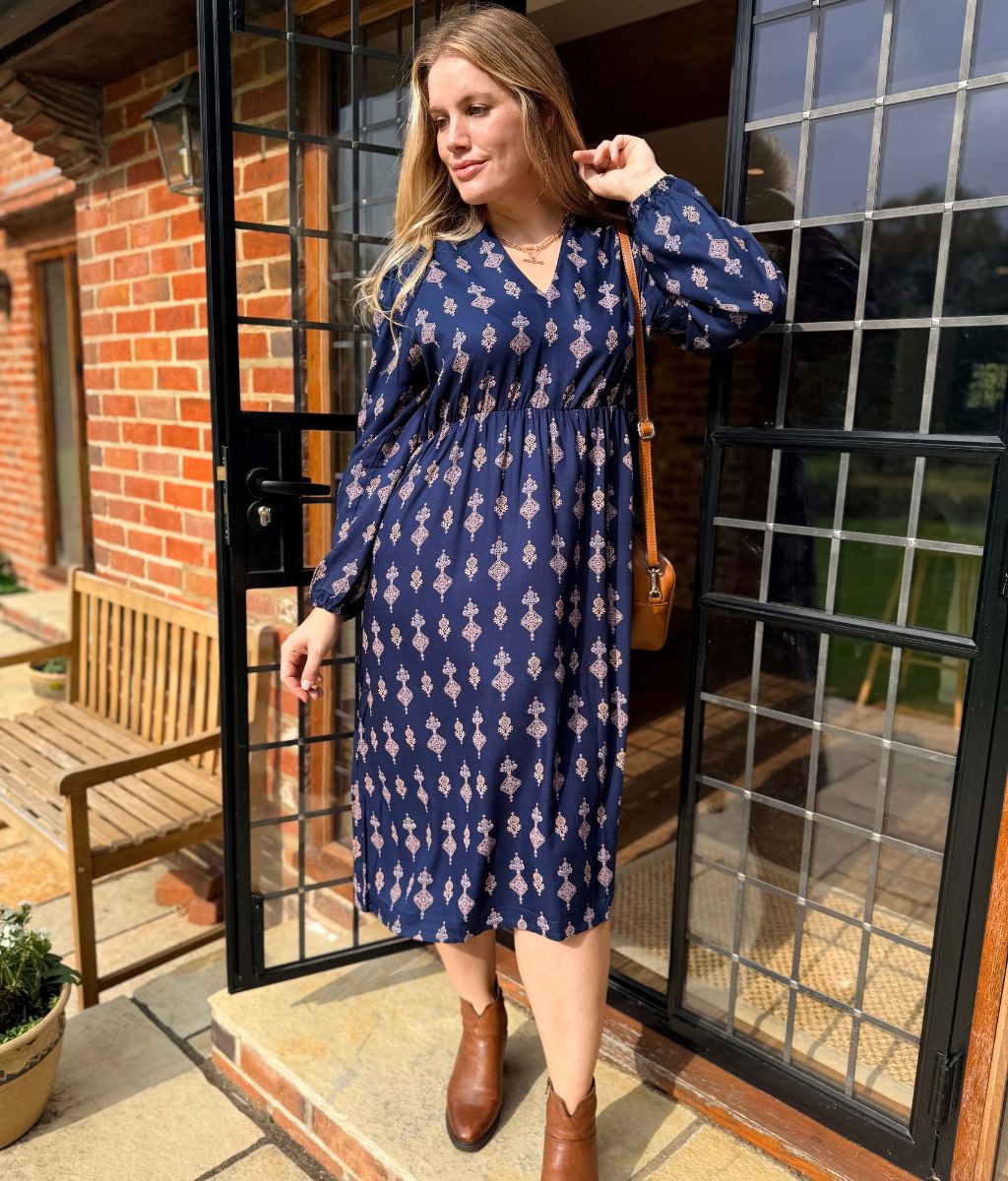 Navy Designer Block Print Midi Dress