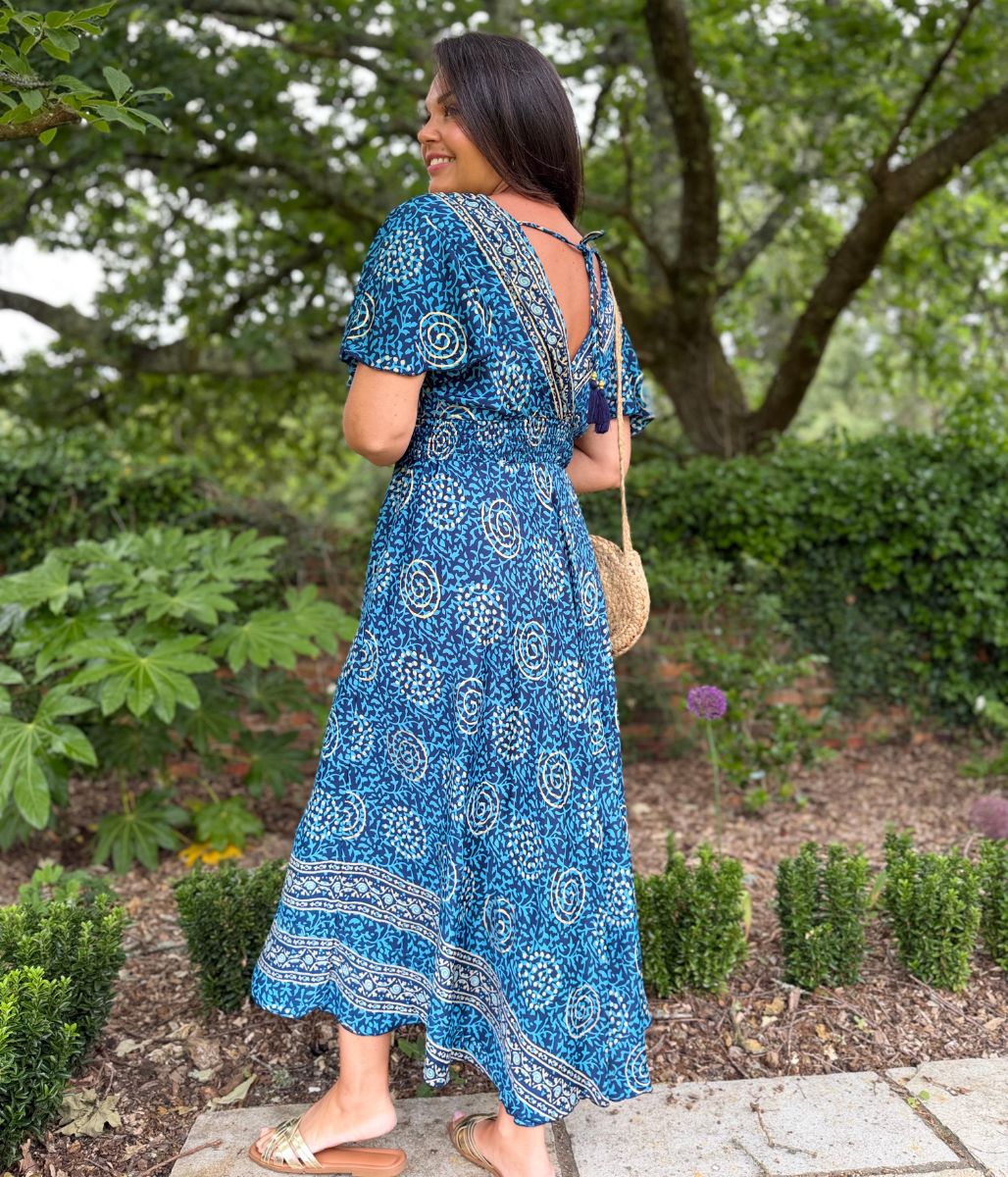 Medina Blue Shirred Waist Midi Dress