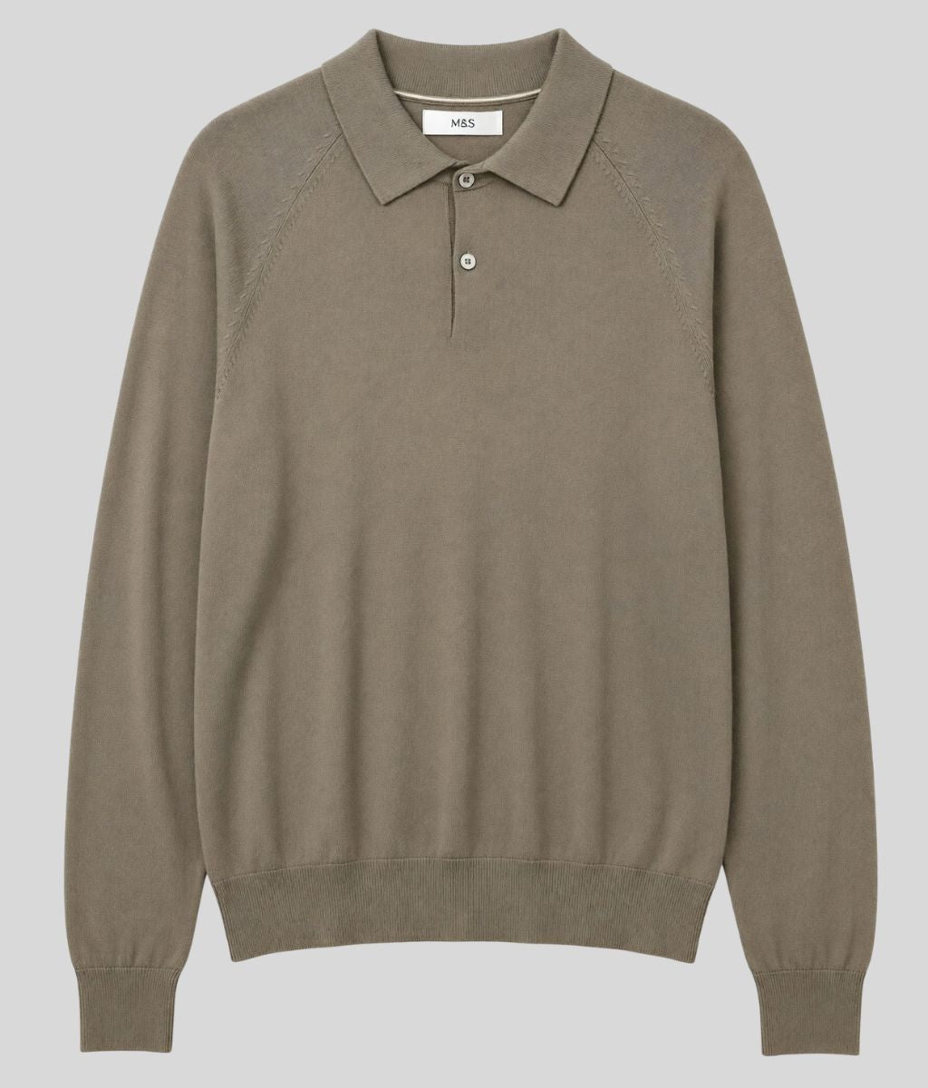 Mens Putty Cotton Rich Long Sleeve Knitted Polo Top