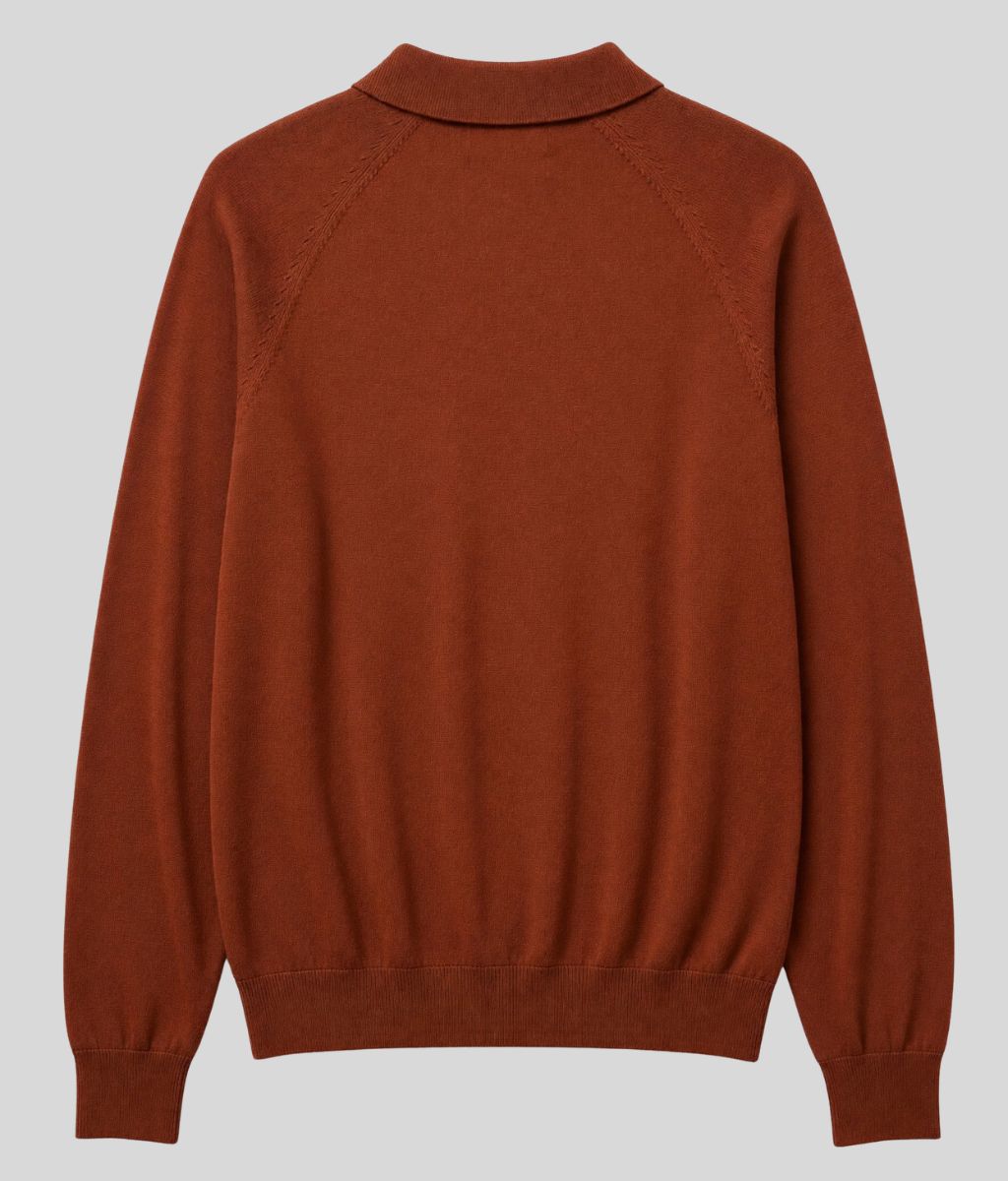 Mens Redwood Cotton Rich Long Sleeve Knitted Polo Top