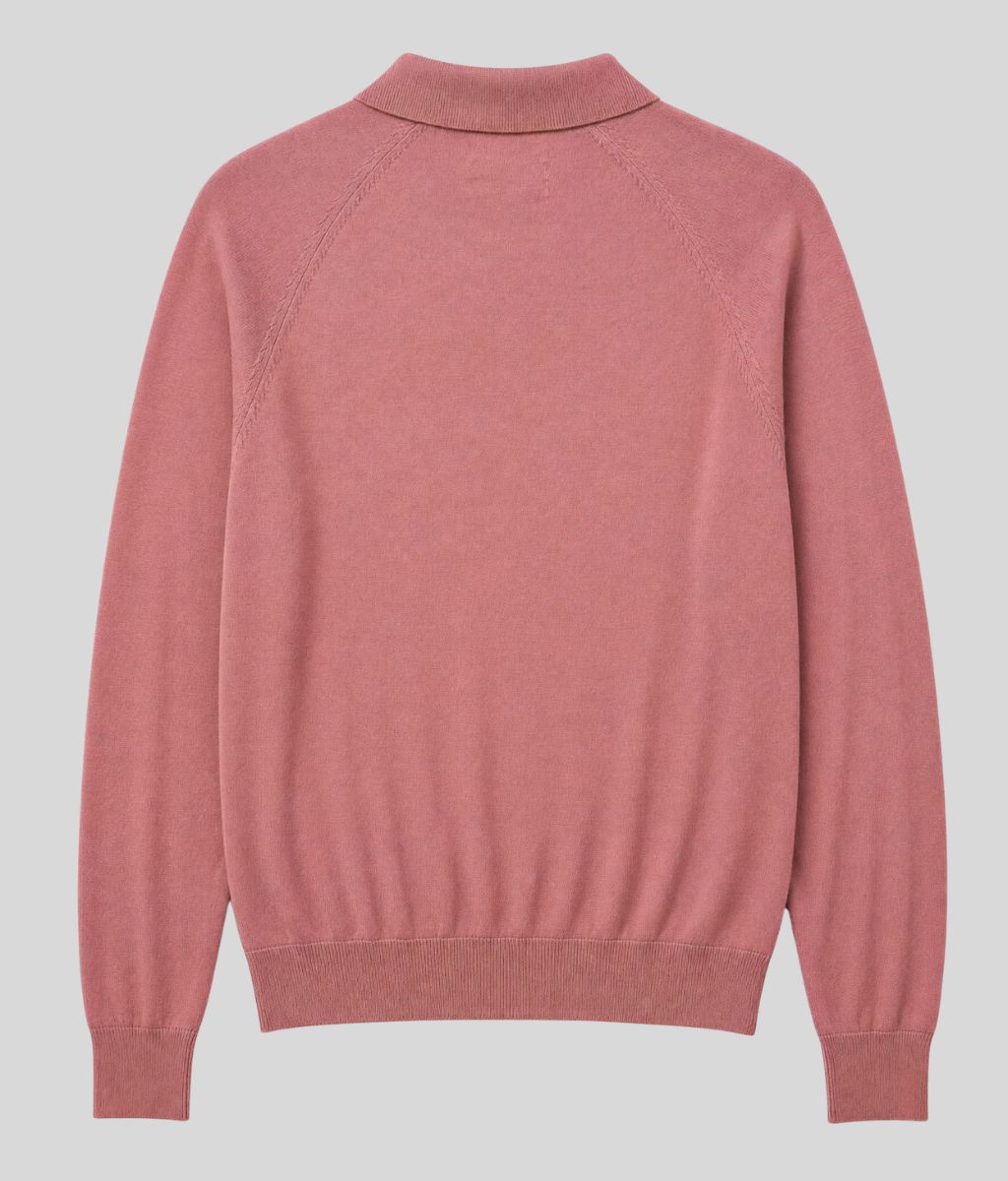 Mens Antique Rose Cotton Rich Long Sleeve Knitted Polo Top
