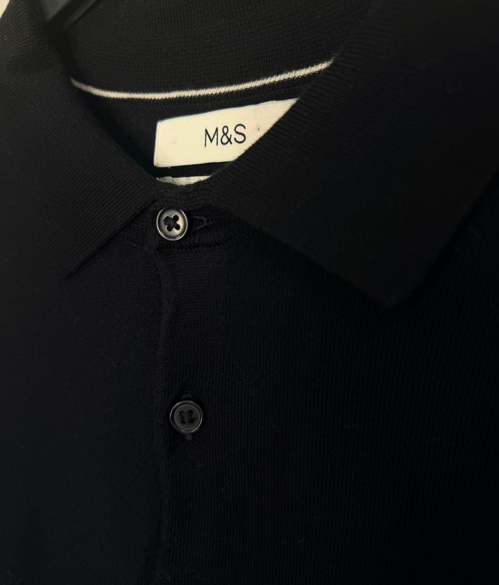 Mens Black Cotton Rich Long Sleeve Knitted Polo Top