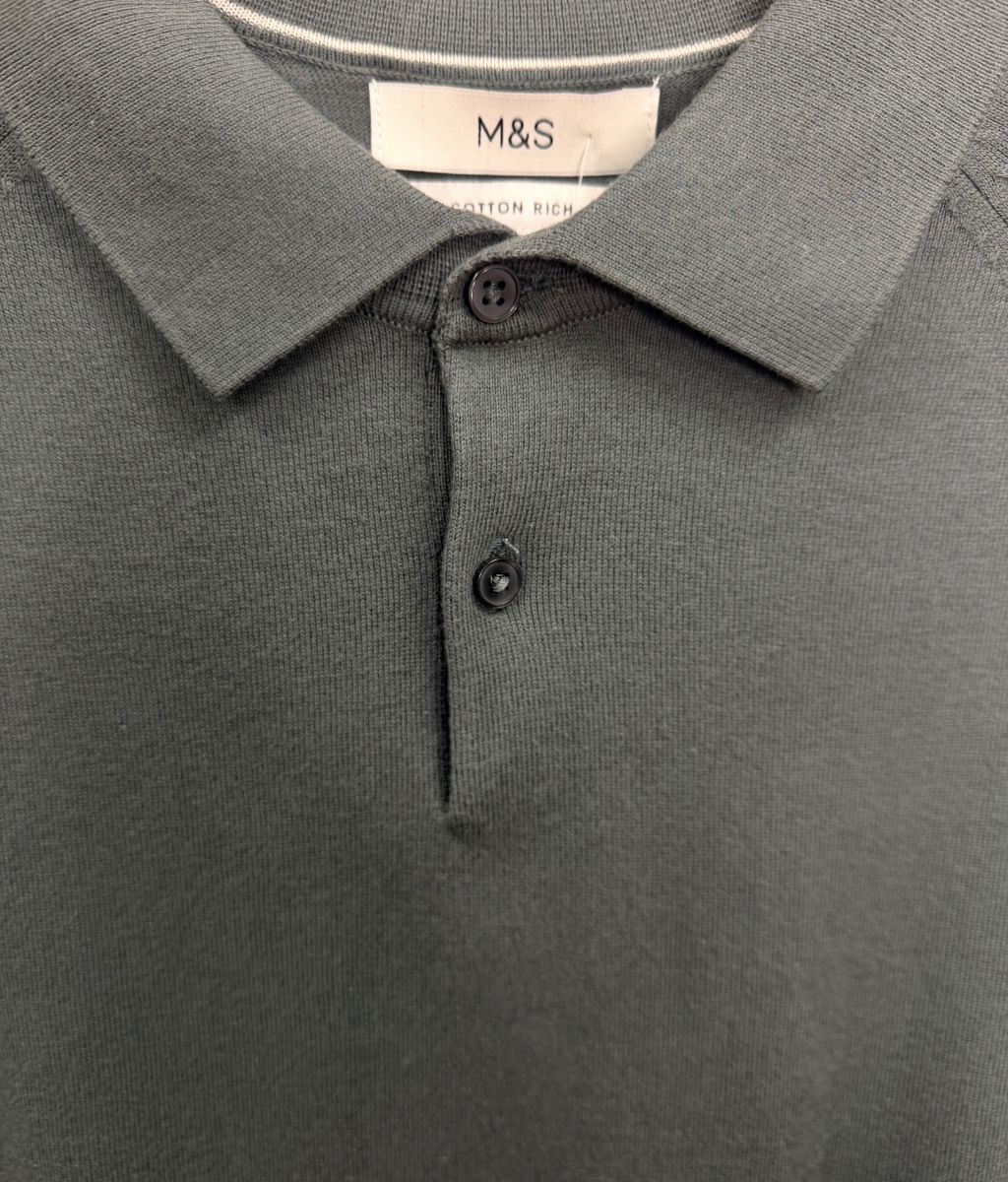 Mens Dark Pewter Cotton Rich Long Sleeve Knitted Polo Top