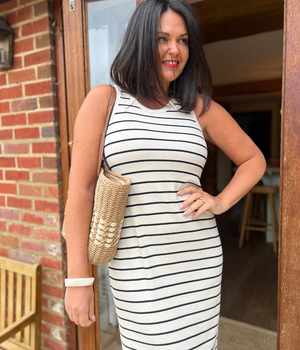 Navy Stripe Column Midi Dress