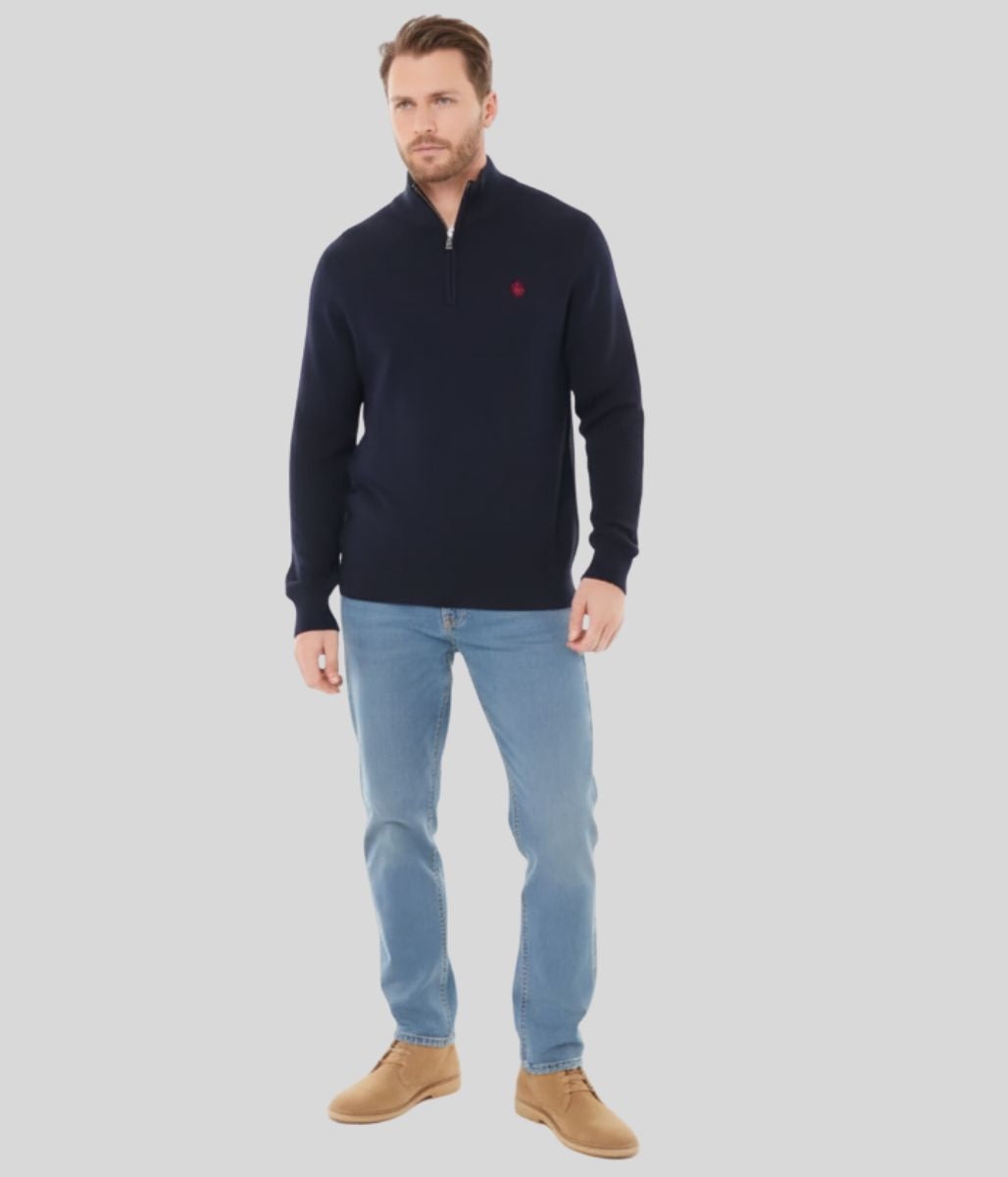 Mens Navy Ribbed Fisherman 1/4 Zip Jumper