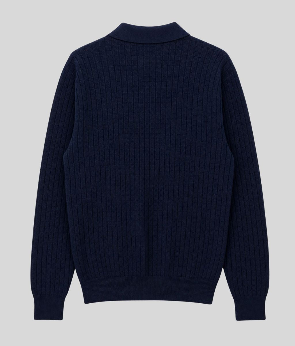 Mens Navy Textured Collared Jumper