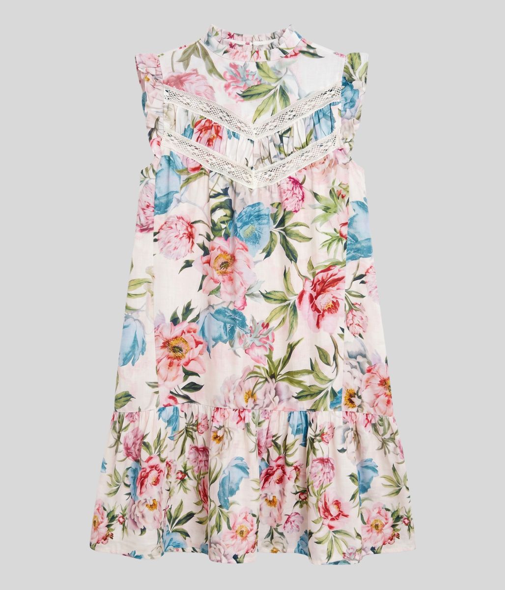 Floral Linen Blend Embroidered Detail Dress