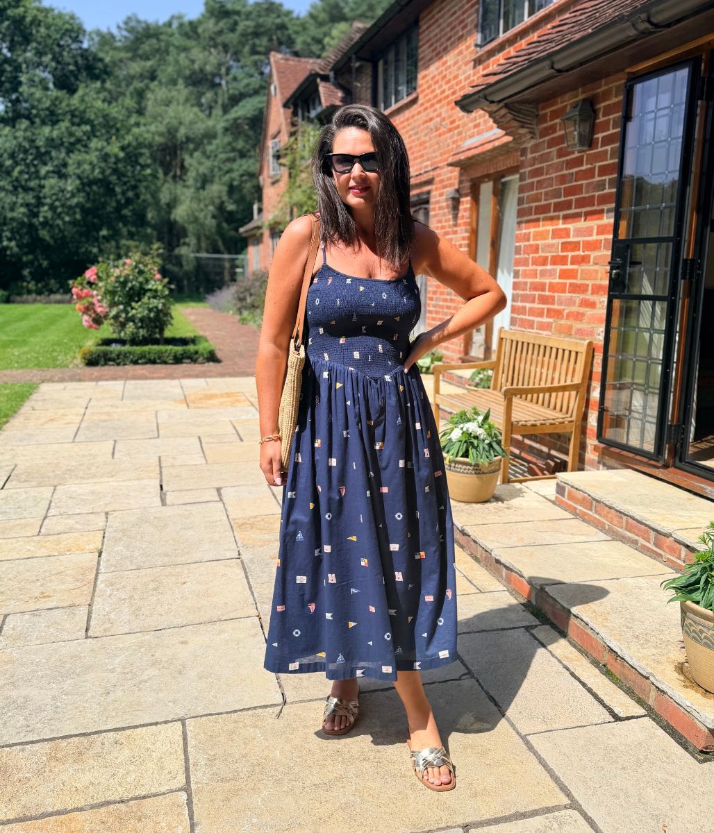 Navy Nautical Print Dipped Waist Smocked Midi Dress